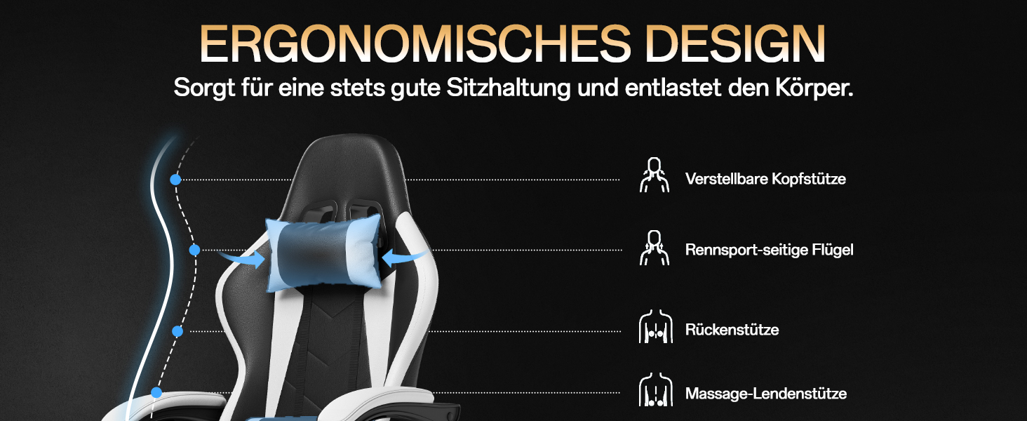 Ігровий крісло JUMMICO з масажем, ергономічний офісний стілець з підпоркою для попереку, регульована спинка 90-135°, підставка для ніг, максимальне навантаження 150 кг (білий, компактний)