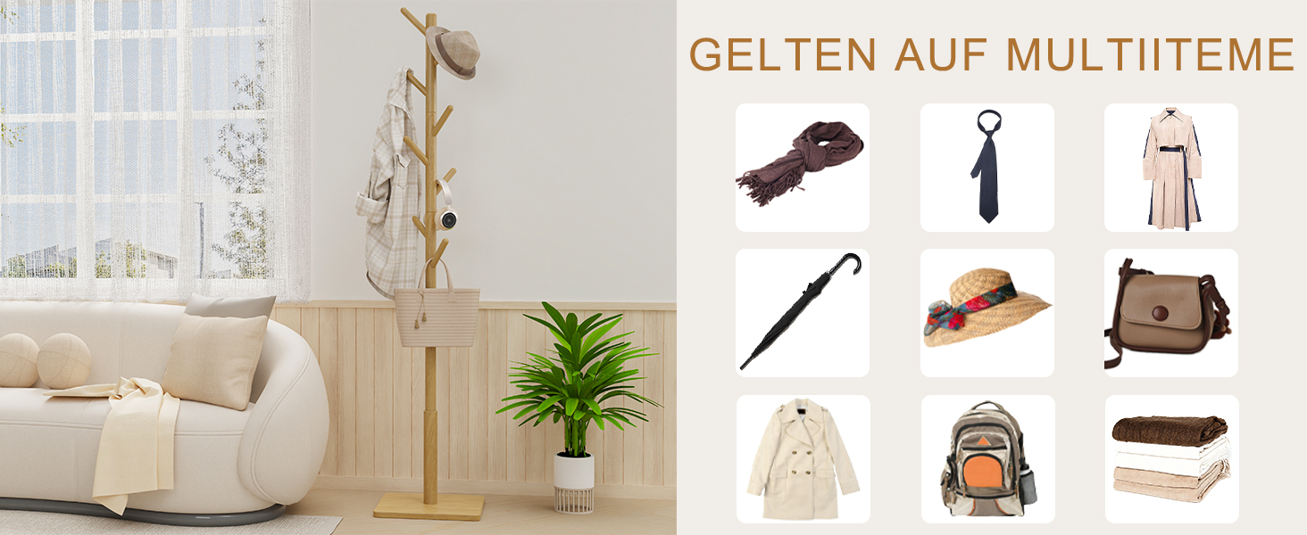 Вішалка для одягу Yawinhe у вигляді дерева з антиковзним покриттям, з масиву дерева, 180 см, 8 гачків, 3 регульовані висоти, для передпокою, 1 шт.