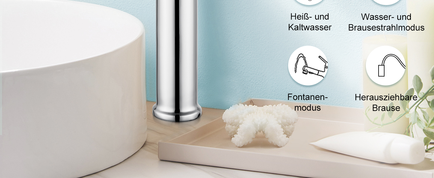 Сучасний змішувач для ванної кімнати CREA з висувною лійкою, 2 режими струменя, з міді, хром, для умивальника