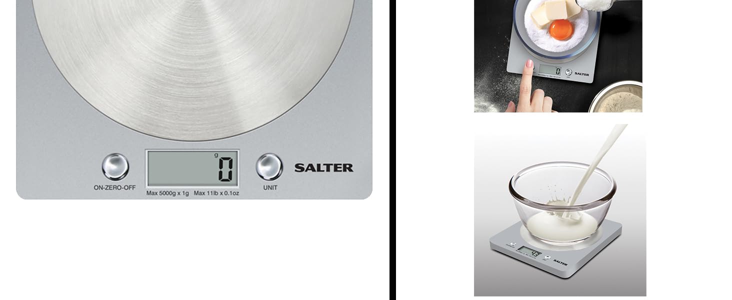 Цифрові кухонні ваги Salter 1036 OLFEU16 Olympus - електричні харчові ваги з платформою з нержавіючої сталі, місткість 5 кг, ваги для випікання з функцією тарування, вимірювання рідин, РК-дисплей, (сріблястий)