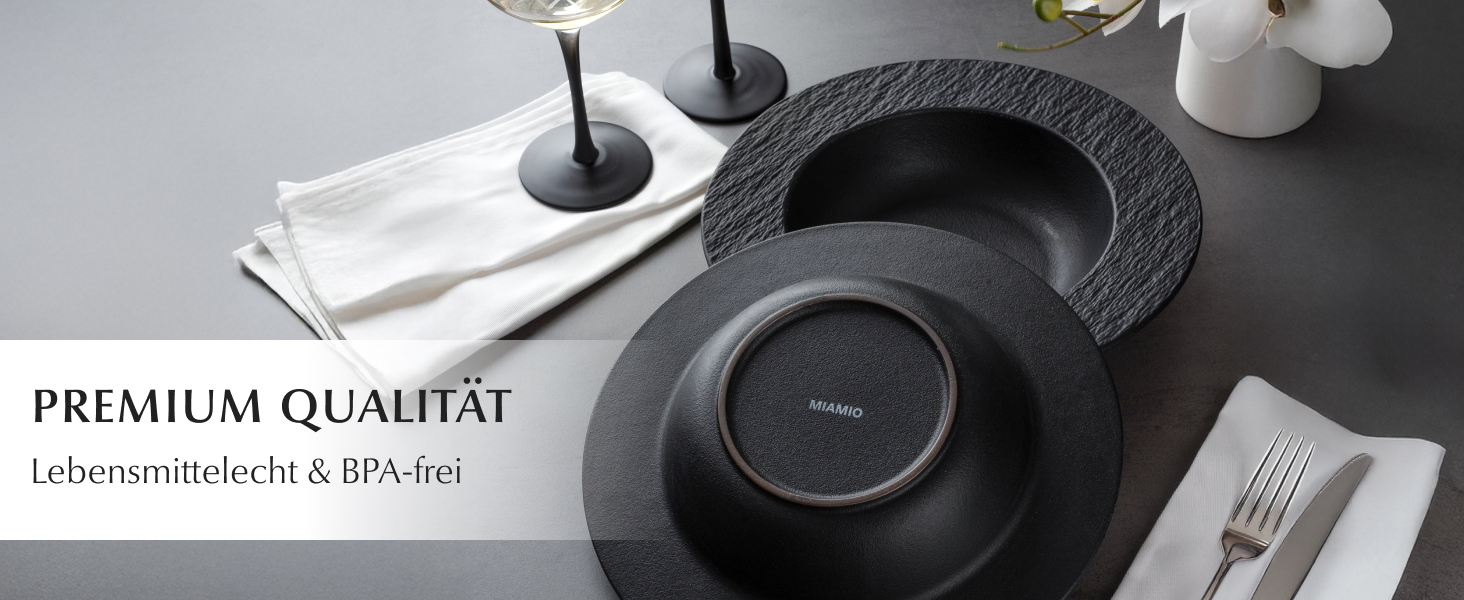 MIAMIO Набір посуду 20 предметів / Сучасний керамічний посуд / Сервіз для 4 осіб - Колекція Oasis (Чорний, 20 шт.) / Чорний посудовий набір (20 шт.)