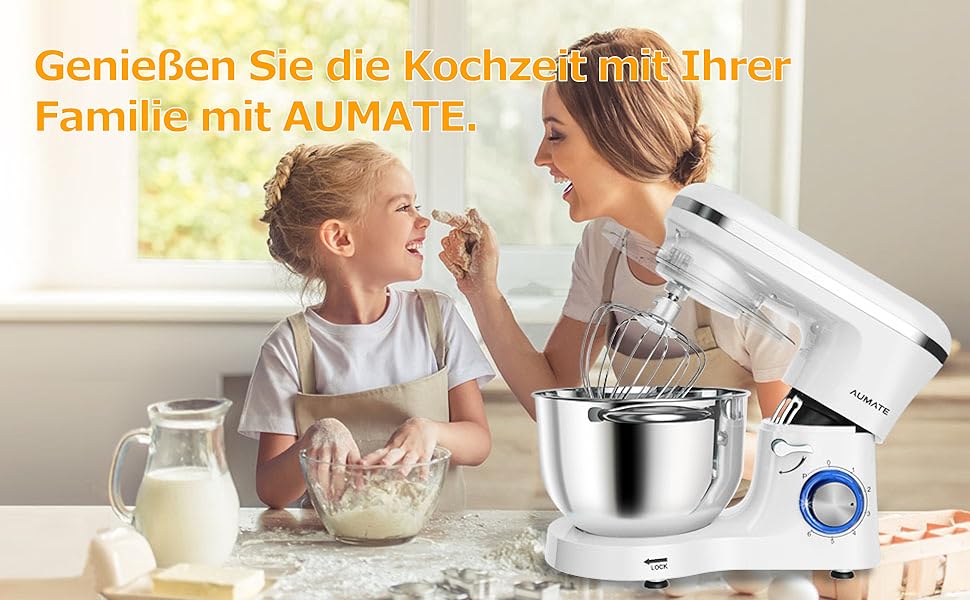 Кухонна машина AUMATE 1400W з міксером, гаком для тіста та набором насадок (6.2 л, порцеляна)