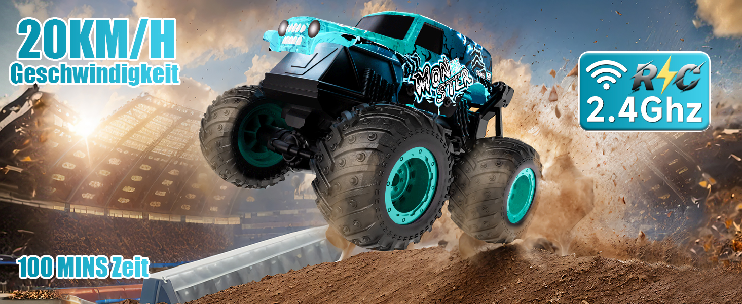 RC Monstertruck 1:20 2.4GHz синій - радіокерований позашляховик для хлопчиків та дівчаток від 3 років з LED підсвіткою, музикою та функцією 'ходьба на двох колесах'