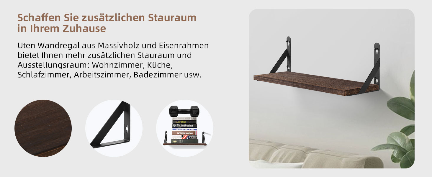 Настінна полиця з дерева Uten, рустикальна підвісна полиця з тримачем для рушників, 2 шт, темно-коричнева — для ванної, кухні, вітальні та спальні