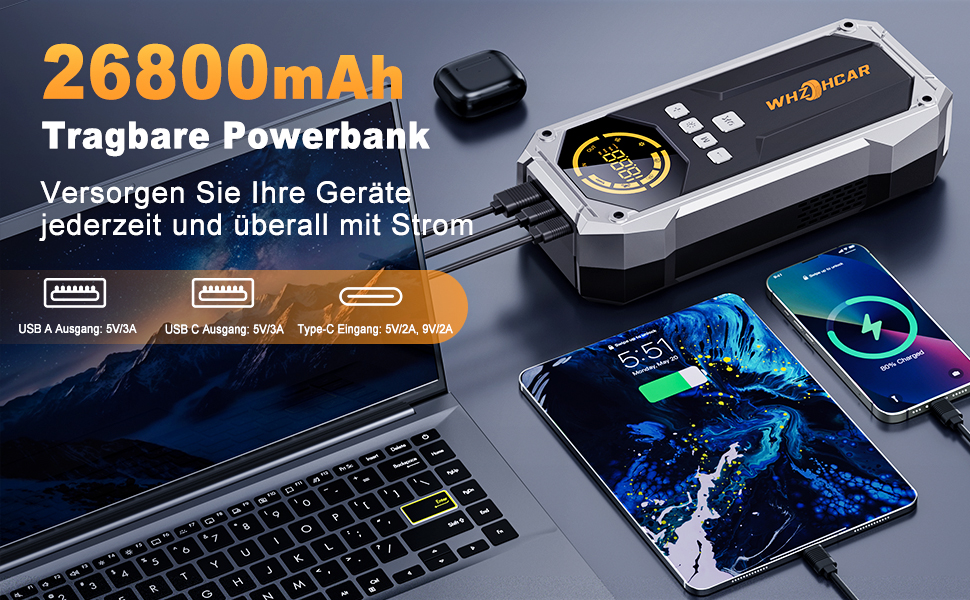 Powerbank Starthilfe 6000A з компресором та LED-ліхтарем: багатофункціональний пусковий пристрій для автомобіля (чорний)
