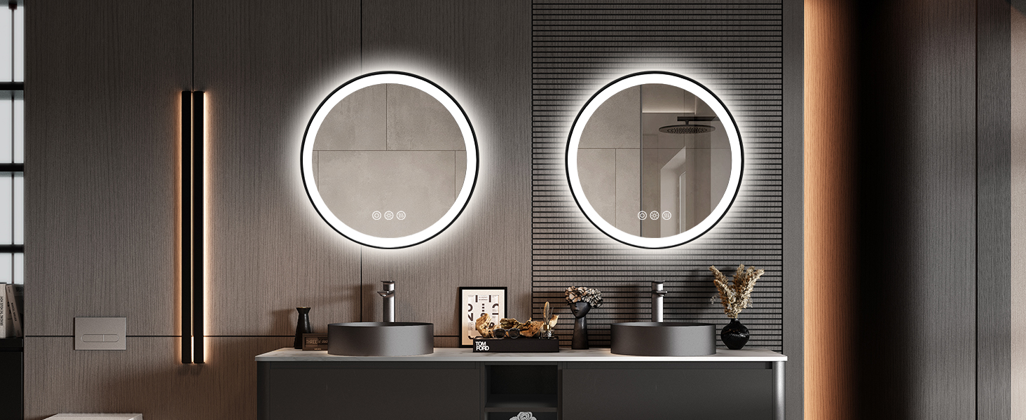 Дзеркало для ванної кімнати ChillCruiser LED круглої форми 50 см з чорною рамою, антизапар, 3 кольори, функція пам'яті