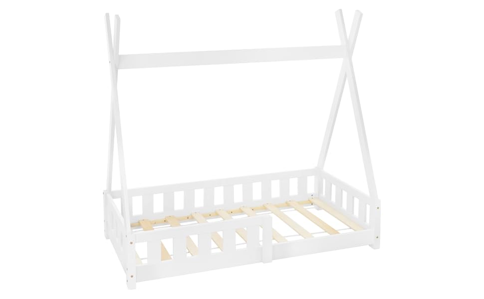 Дитяче ліжко-халапа Tipi 70x140 см біле з бортиками та ламелями, з сосни, індіанське ліжко для дівчаток та хлопчиків, будиночок-ліжко з огорожею, ліжко-халапа для дітей та підлітків, ігрове ліжко-намет