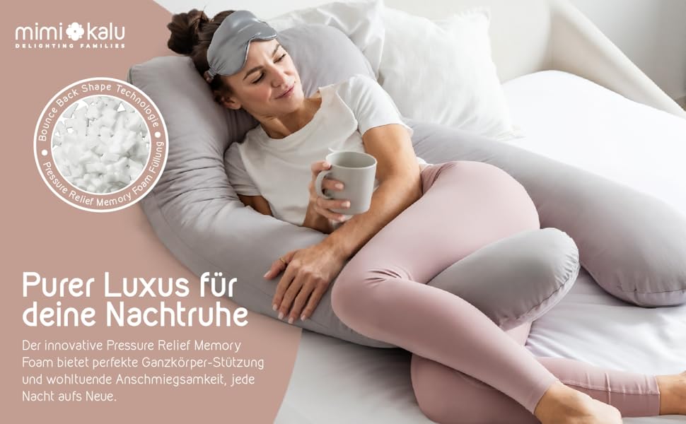 Подушка для сну на боці Mimi Kalu® Original з Memory Foam, 130 x 70 см, платиново-сіра | Подушка для вагітних, подушка для годування, м'яка подушка | З чохлом з 100% Soft-Cotton та маскою для сну