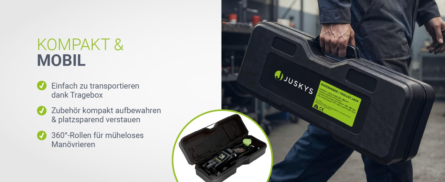 Підйомник гідравлічний Juskys 2.5 т, сталевий, 85-390 мм, з кейсом, гумовими накладками та аксесуарами - Чорно-зелений