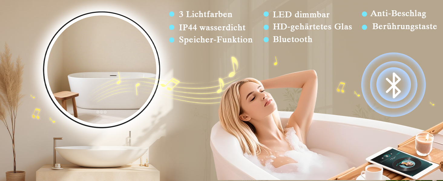 Дзеркало для ванної кімнати з підсвічуванням LED, кругле, 50 см, сенсорне керування, регулювання яскравості, функція пам'яті, захисне скло HD, захист від вибуху, Bluetooth, антизапар, металевий каркас, 60x60 см