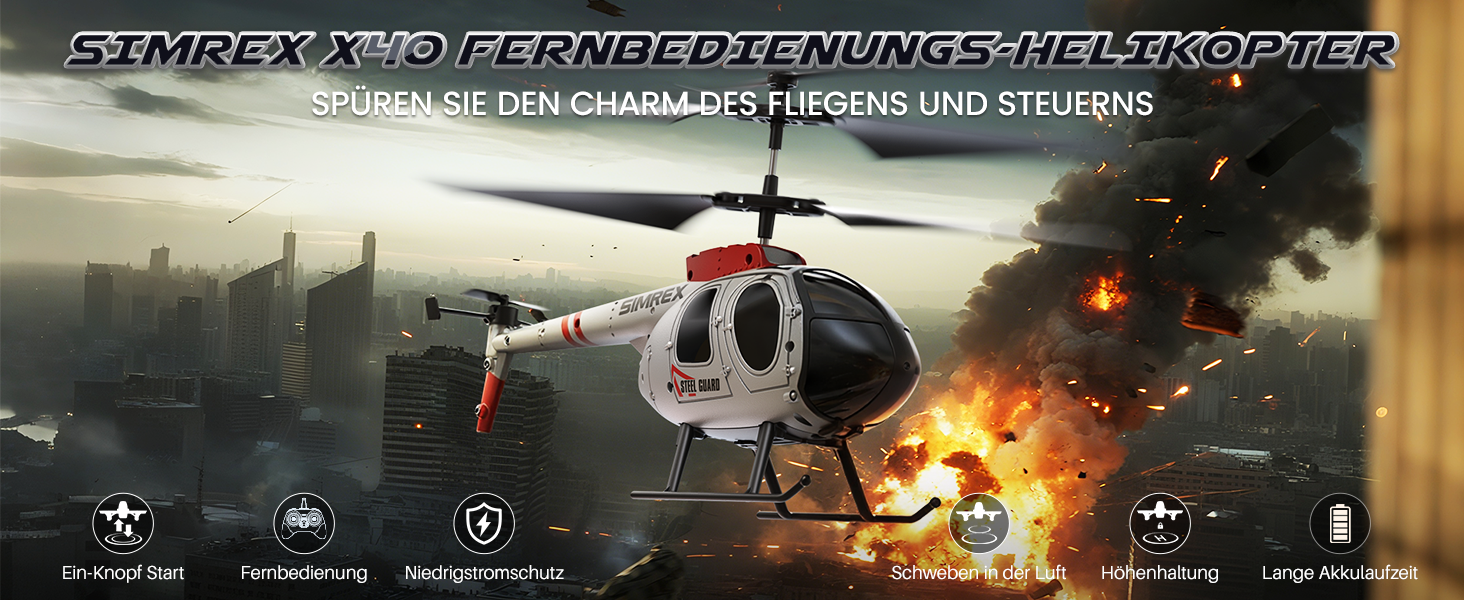 SIMREX Радіокерований гелікоптер 2.4 GHz, 2 режими швидкості, 20 хв польоту, для хлопчиків та дівчаток, іграшка для дітей