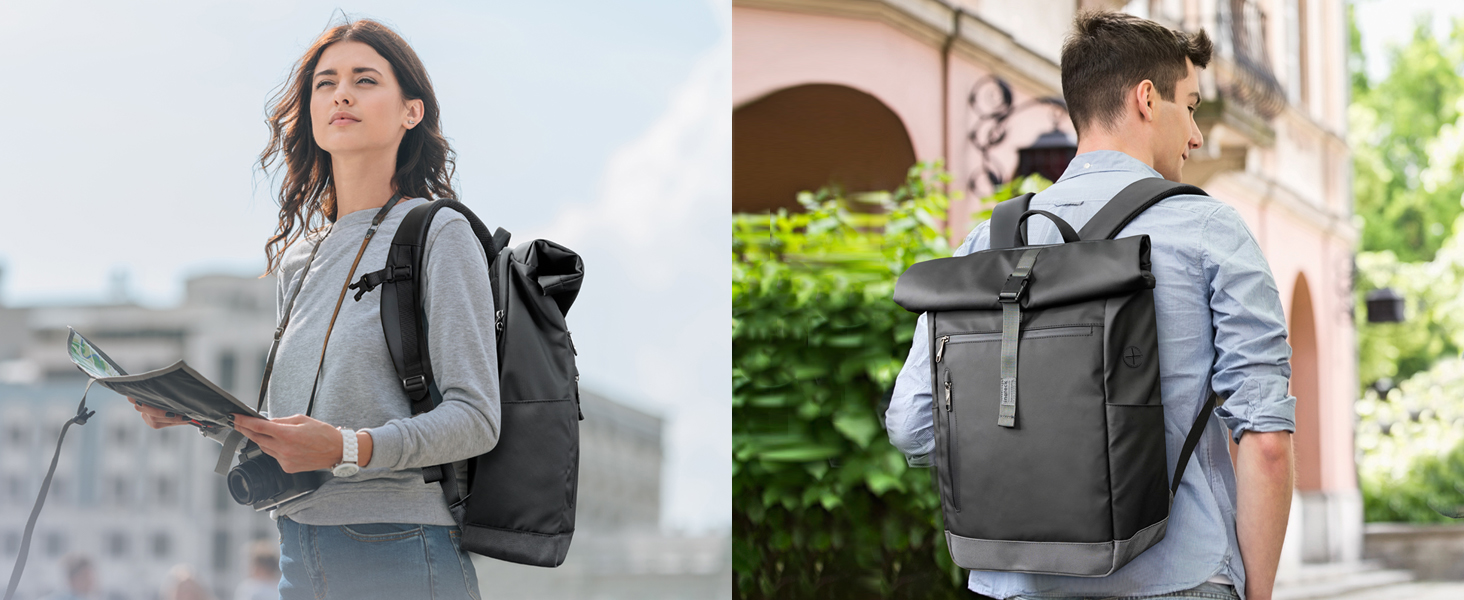 Рюкзак Inateck RollTop Чоловічий Жіночий 25L-30L Велосипедний рюкзак НоутбукРюкзак Шкільний рюкзак для Uni Велосипед Дозвілля Робота Спорт Подорожі, Велоспорт Стильний денний рюкзак з 17-дюймовим відділенням для ноутбука - (Чорний)