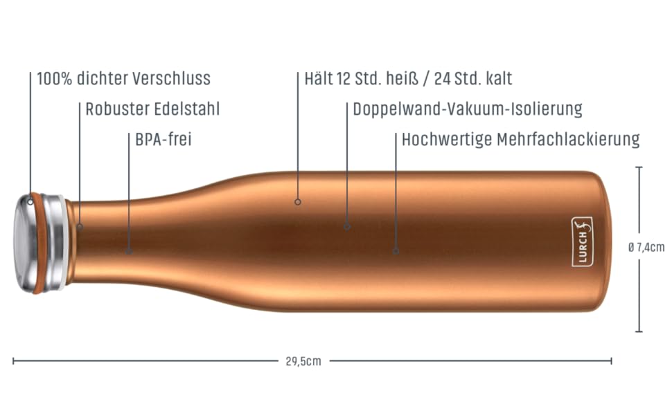 Ізольована пляшка / термос для гарячих і холодних напоїв Lurch 240925 з нержавіючої сталі з подвійними стінками об'ємом 0,75 л, Рожеве золото (Бронзовий металік)