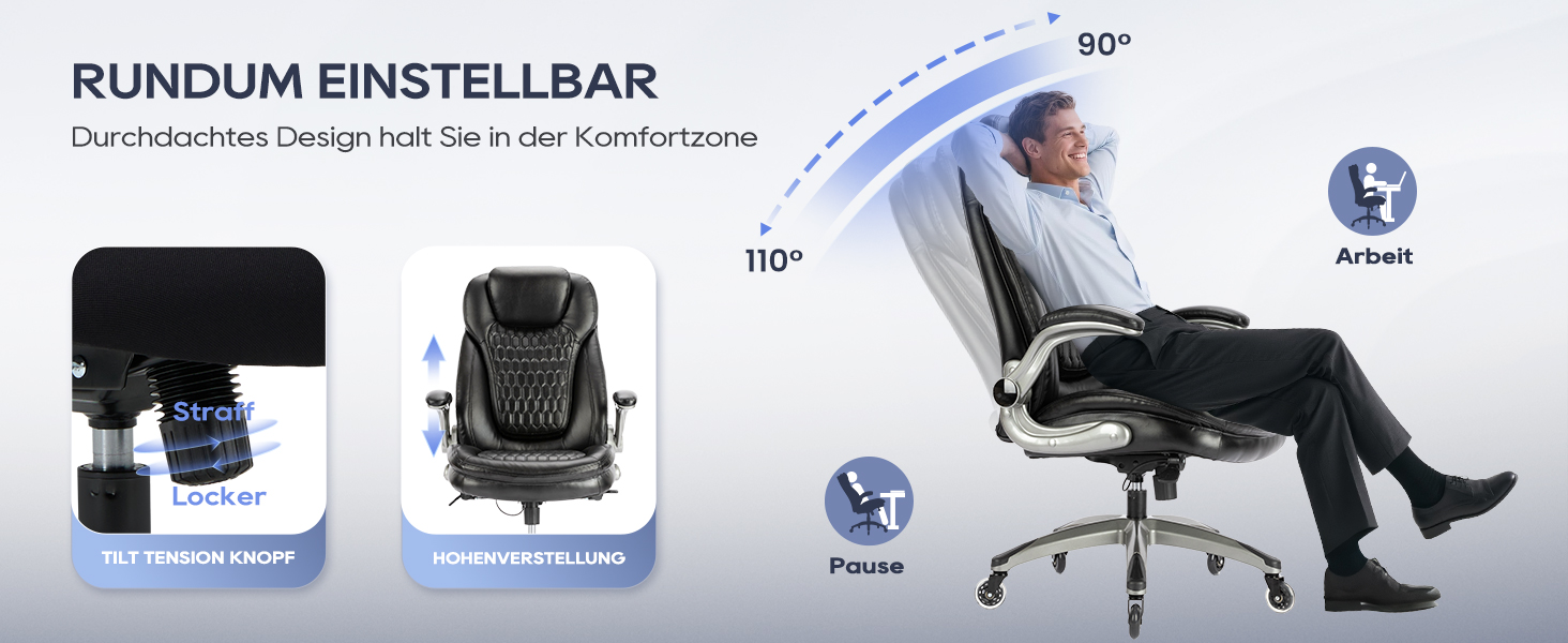 Крісло шеф COLAMY з дихаючої шкіри – ергономічне офісне крісло з пружинним блоком, відкидними підлокітниками та тихими роликами для дому та офісу, чорне