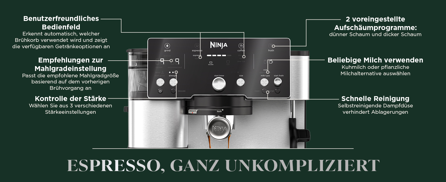Кавомашина Ninja Luxe Essential 2-в-1 з млинком і спінювачем, для латте, капучино та еспресо, проста у використанні, 2 режими спінювання, срібляста, ES501EU