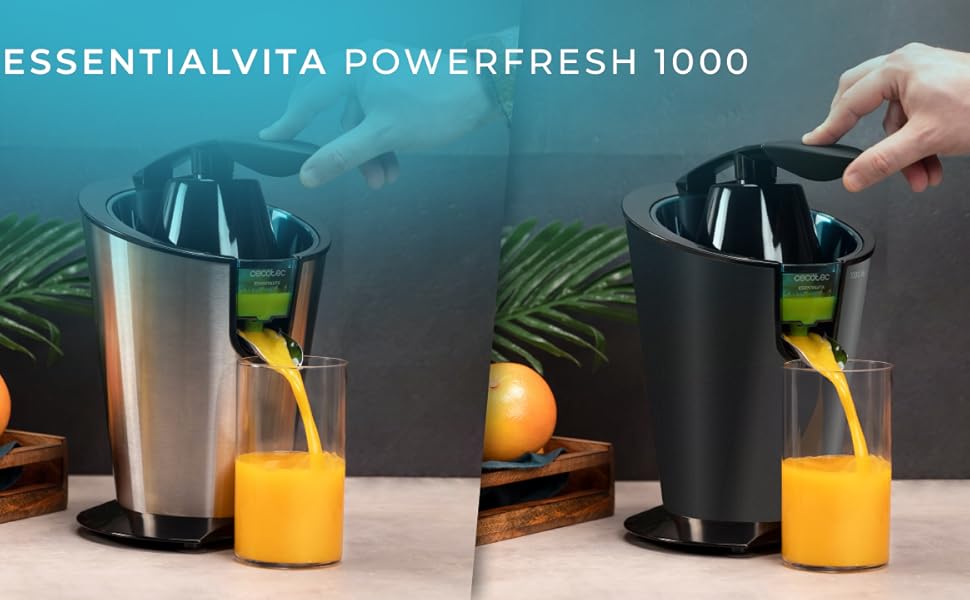 Цитрусовижималка електрична Cecotec EssentialVita PowerFresh 1000 Inox - 1000 Вт, нержавіючий фільтр, конуси, система запобігання краплин, легке очищення