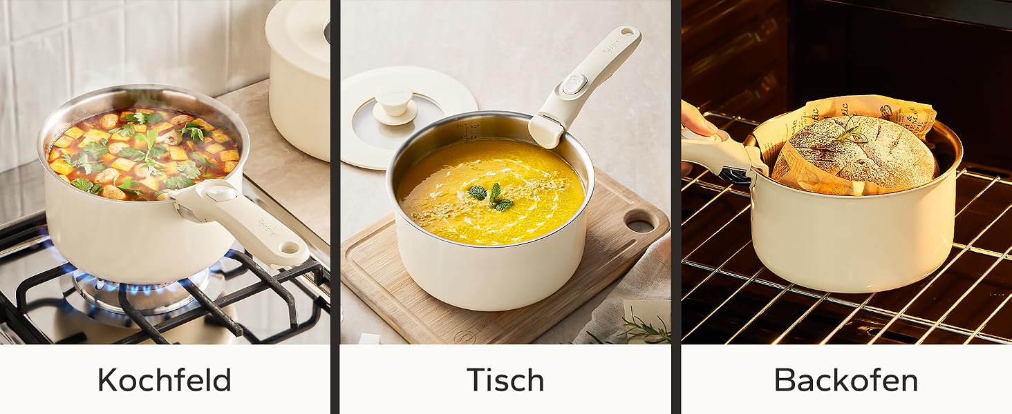 Набір каструль Redchef зі знімними ручками, 5 предметів, нержавіюча сталь, 16/18/20 см, універсальні кришки 3-в-1, для індукційних та всіх типів плит, підходять для духовки (Бежевий)