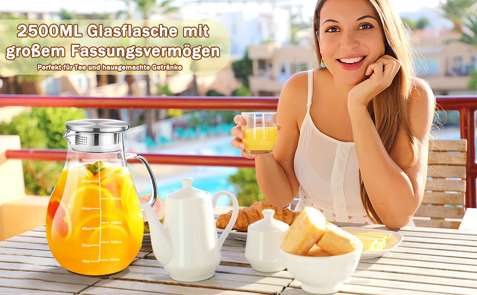 Скляна карафа з кришкою, 2500 мл, термостійке боросилікатне скло, з ситечком, для напоїв, чаю, кави, вина, молока, з щіткою для чищення