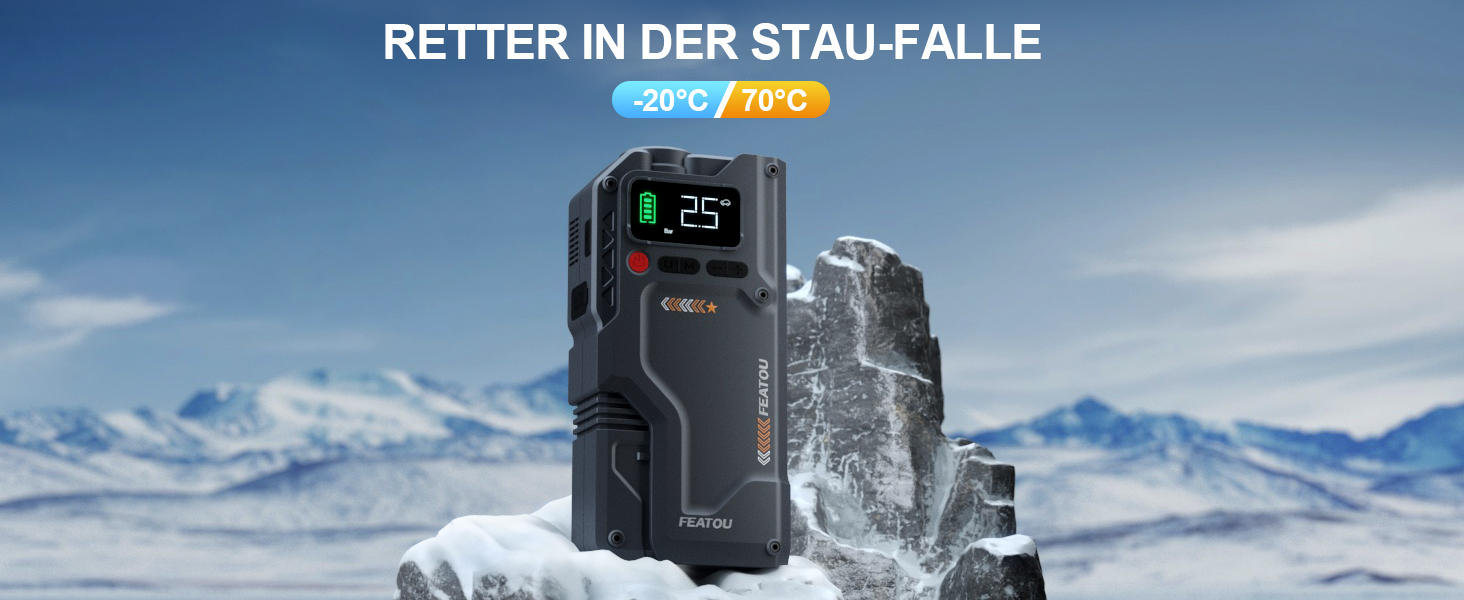 Powerbank з компресором Starthilfe 6500A: автостартер 12V для легкових автомобілів з повітряним насосом, бустер-акумулятор (для 9.0L бензину/8.5L дизеля) з пусковими кабелями, LED ліхтар 500 люмен (чорний), піковий струм 6500A