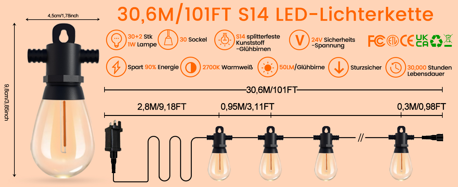 LED гірлянда для зовнішнього використання 30м з пультом, S14, 100FT, IP65, 30+2 лампочки, тепле світло 2700K, для саду, тераси, балкону, двору