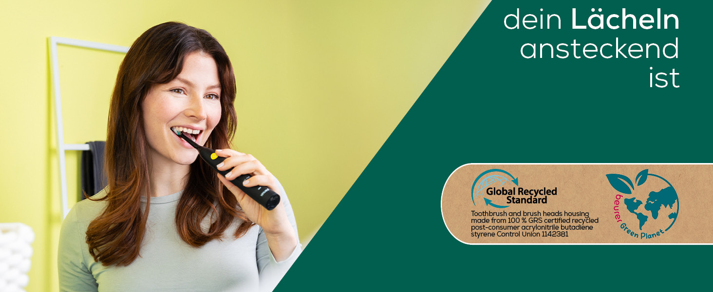 Beurer SC 30 Електрична зубна щітка Jet Black з 4 режимами чищення, 80 000 коливань, таймером та LED-дисплеєм + 2 насадки, корпус з переробленого пластику