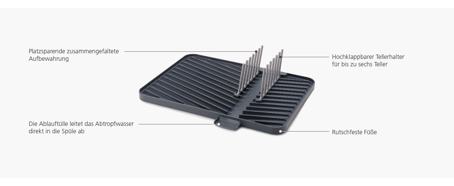 Сушарка для посуду Joseph Joseph, пластикова, регульована, складна, з піддоном для води, сіра, 30 см