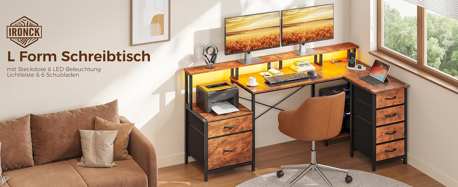 Ігровий кутовий стіл IRONCK L-подібний з LED-підсвіткою, розетками (2AC+1USB+1C), 6 шухлядами та підставкою для монітора, 189x100 см, Вінтажний коричневий