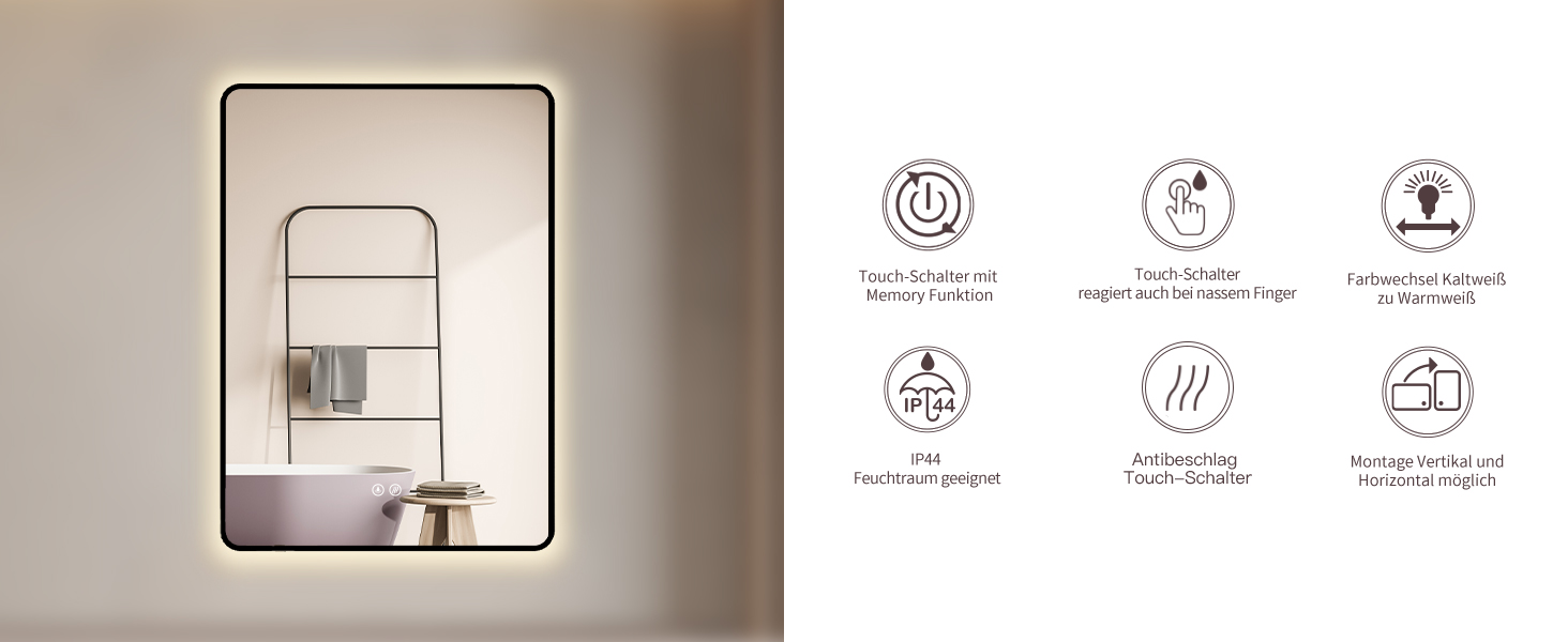 Дзеркало для ванної кімнати HOKO LED Texas 60x80 см / 80x60 см з підсвіткою, підігрівом проти запотівання та чорним металевим каркасом. Можливість встановлення HOCH+QUER. Сенсорне керування, зміна кольору світла 2700-6500K (тепле біле - холодне біле - нейтральне). Розміри: 80x60 см