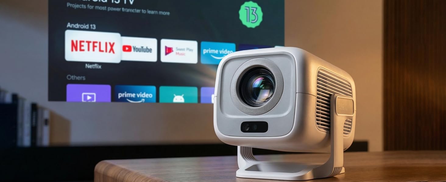 Smart-проектор Beamer 4K Full HD 1080P для домашнього кінотеатру, 700 ANSI люмен, Netflix, Dolby Audio, автофокус та автоматична корекція трапеції, короткофокусний, білий
