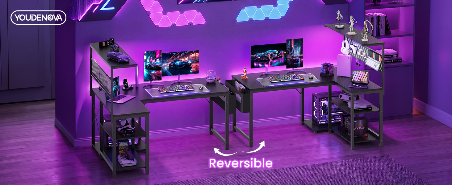 Ігровий стіл Youdenova L-подібний з LED, розеткою та USB, кутовий з полицею та перфорованою стінкою, 120x80 см, чорний карбон