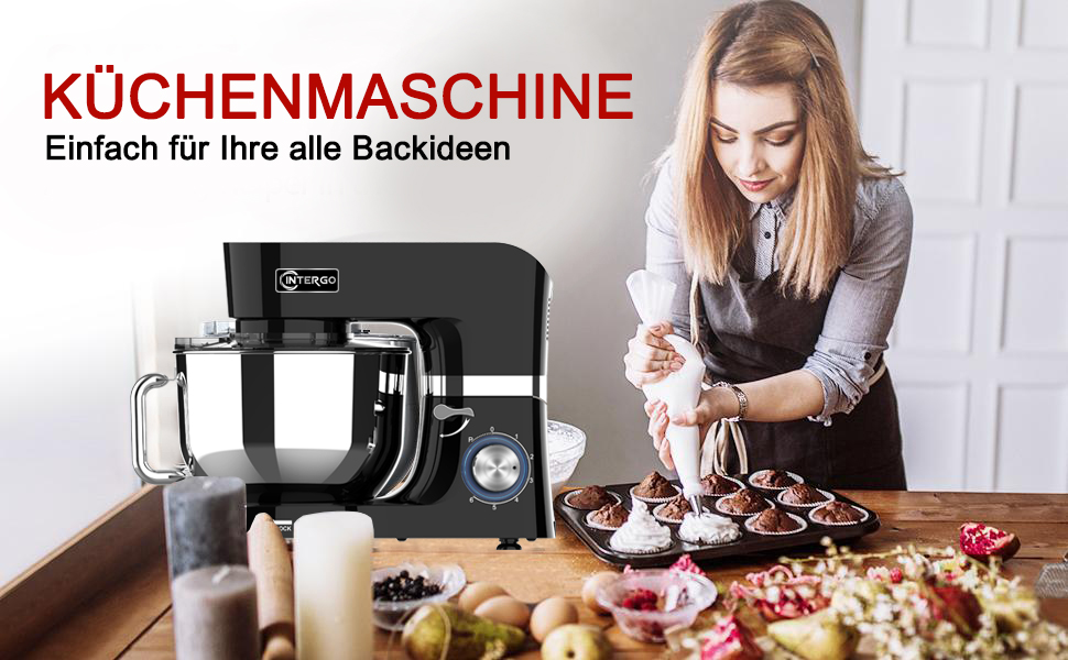 Кухонна машина 1500W з чашею 6.2L з нержавіючої сталі, 6 швидкостей, міксер для тіста, з набором насадок (вічорник, гак для тіста, вінчик), кришка-розбризкувач та скребок для тіста, чорна