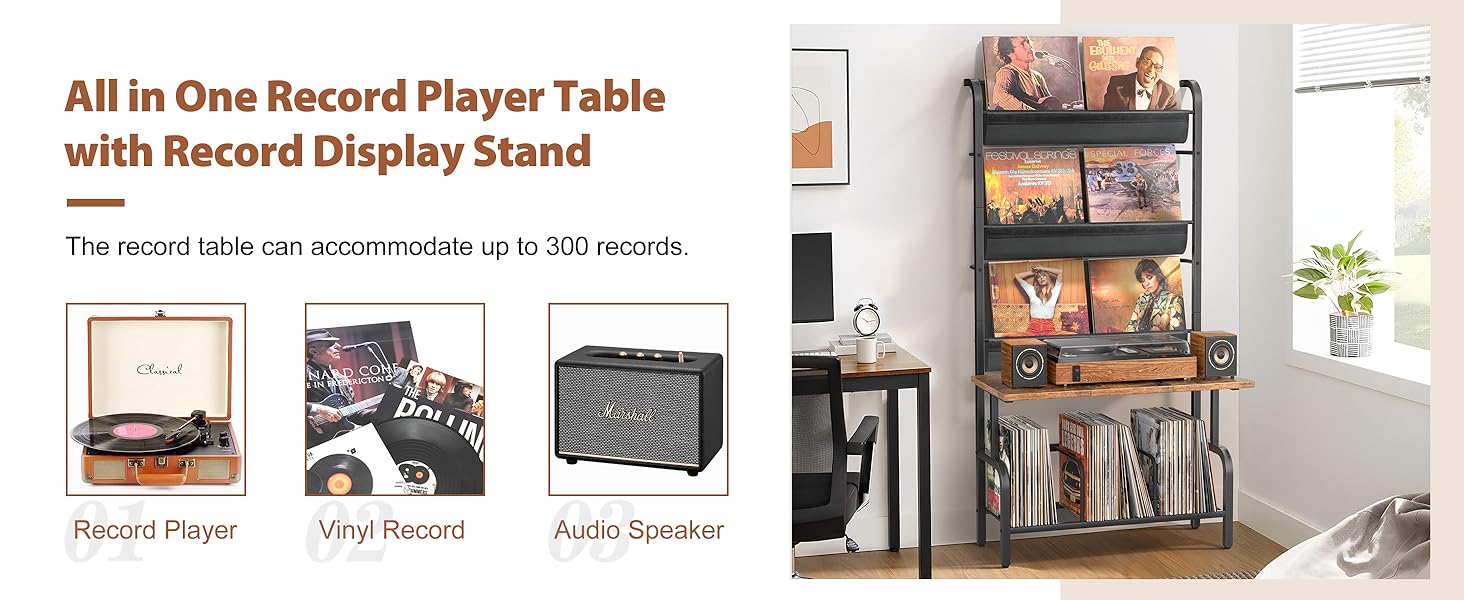 Стійка для програвача вінілу з полицями для зберігання платівок (до 300 альбомів)
