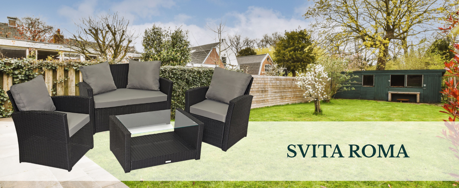 SVITA Roma: Комплект садово-розплічної групи з ротангу для відпочинку та обіду (софа, крісло, стіл), чорний колір