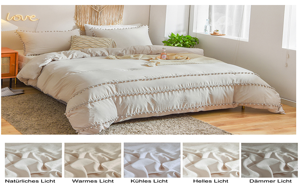 Комплект постільної білизни Herside Boho 135x200, 4 шт. , мікрофібра, помпони з гарбуза, бежево-сірий