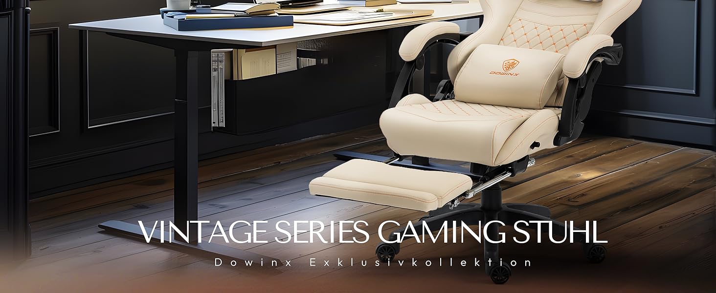 Ігровий крісло Dowinx з регульованою підніжкою, масажером попереку та офісним комфортом, до 200 кг, 165° нахил спинки, бежевий