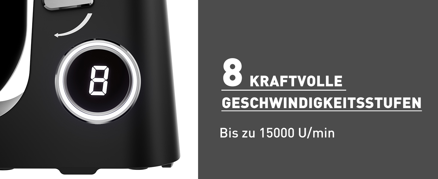 Кухонна машина Heinrichs 2500W з подвійним гаком для тіста, міксером та вінчиком, 8 швидкостей, чаша 8л з нержавіючої сталі, чорна