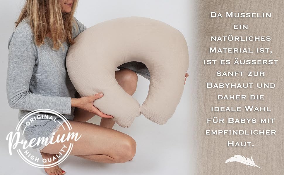 Подушка для годування та вагітності PaLulli XL (170x30 см), органічна бавовна муслін, бежева