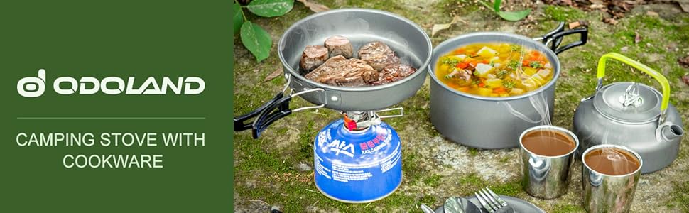 Набір посуду Odoland для 1-2 осіб: 10-ти частинний посуд для кемпінгу, пікніків та подорожей (алюміній, складаний)