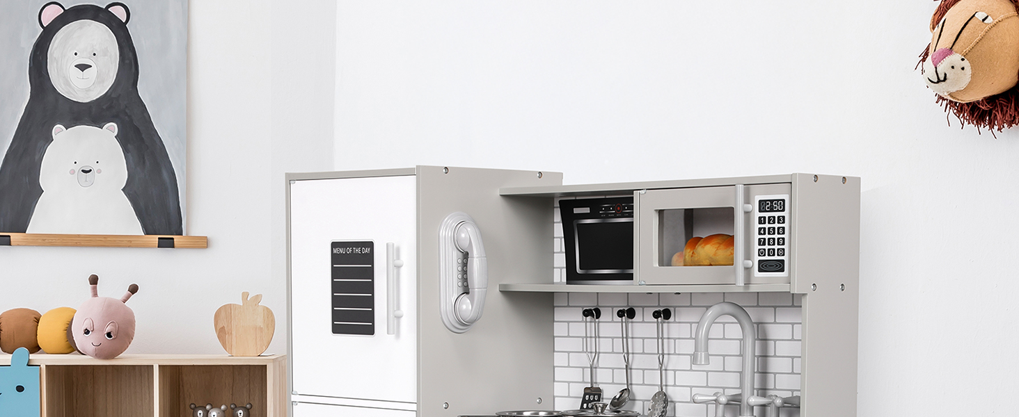 Дерев'яна дитяча кухня MAMIZO з підсвіткою та звуком, 82x80x25 см. Комплектація: аксесуари. Підходить для дітей від 3 років. Білий (сіро-білий) колір.