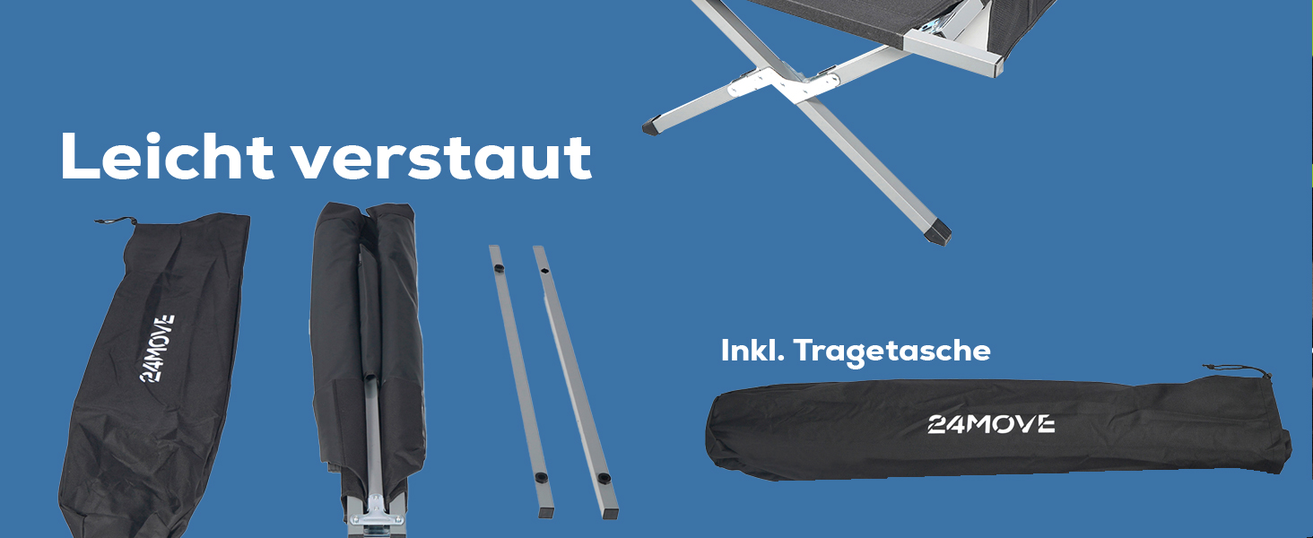 Складане кемпінгове ліжко 24MOVE® для відпочинку на природі та вдома, витримує до 200 кг, 210x72x45 см, чорне, з сумкою для перенесення