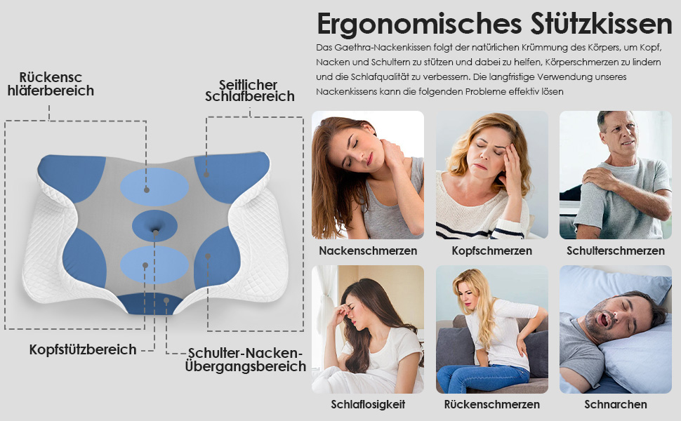Ергономічна ортопедична подушка для шиї з ефектом пам'яті (Memory Foam), регульована по висоті, для сну на боці, спині та животі, 63x42 см, світло-сіра
