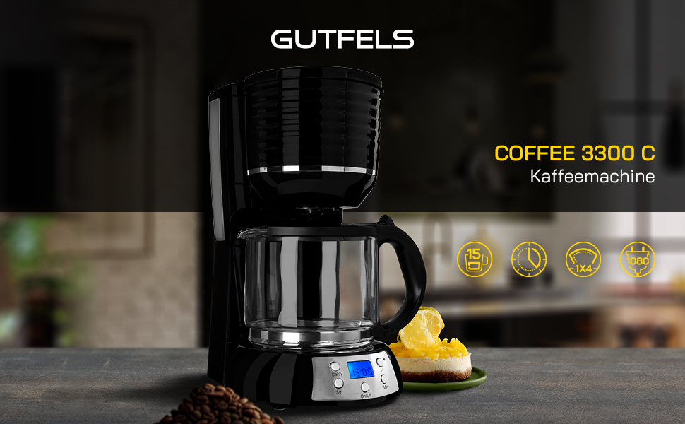 Кавоварка з фільтром GUTFELS COFFEE 3300 C 15 чашок кави Розмір фільтра 4 Таймер Функція збереження тепла 1080 Вт Світлодіодний дисплей