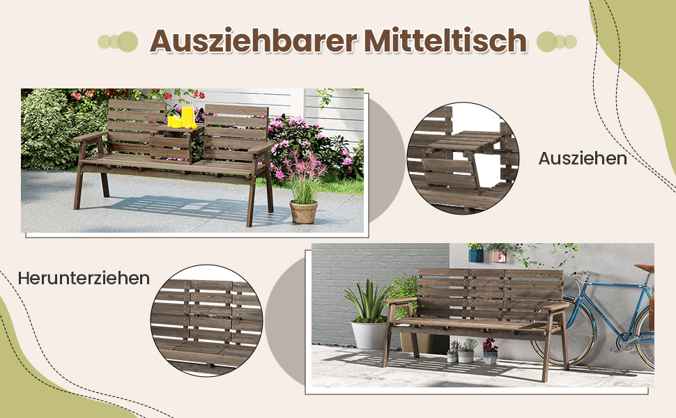 Лавка для саду COSTWAY з журнальним столиком, дерев'яна лавка на 2-3 особи, міцна лавка для тераси, балкону та саду, до 320 кг, 160 x 64 x 86 см, колір: натуральний