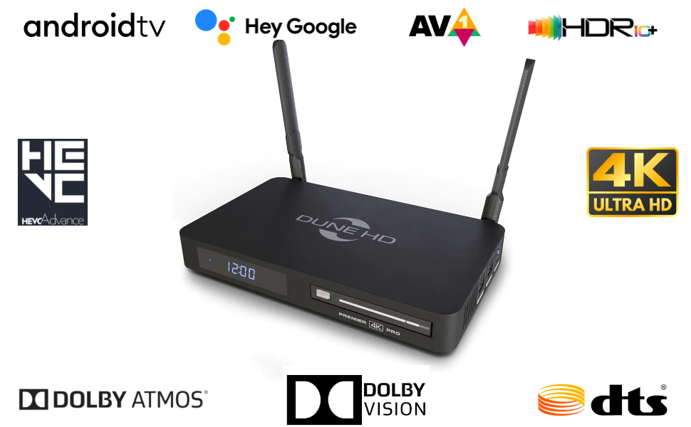 Dune HD Premier 4K Pro Android TV 11 | Потоковий медіаплеєр | Netflix 4K Dolby Vision & Atmos | 4 ГБ/32 ГБ, слот HDD 2.5, AV1, Wi-Fi 6, 1 Гбіт, ISO DV P7 FEL MKV AFR | HDR10+ | DTS |