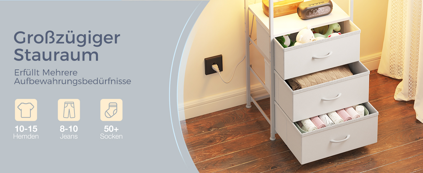 Приліжкова тумбочка Coleshome біла з розеткою, 2 USB, LED-підсвіткою, 3 висувними ящиками та місцем для зберігання, 40x30x70 см