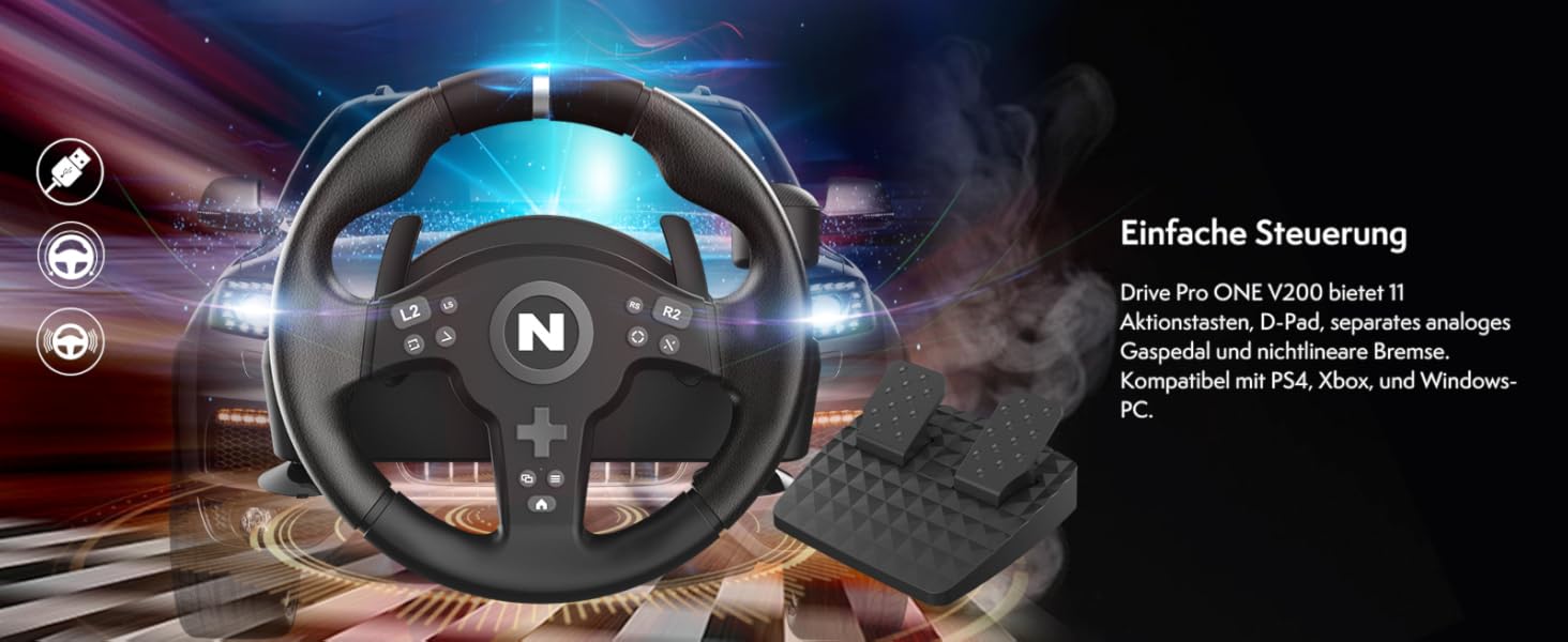 Гоночний кермо NITHО Drive Pro V200 з педалями та перемикачем швидкостей для PC, PS4, PS5, Xbox One, Xbox Series X/S, Windows - 270° з вібрацією