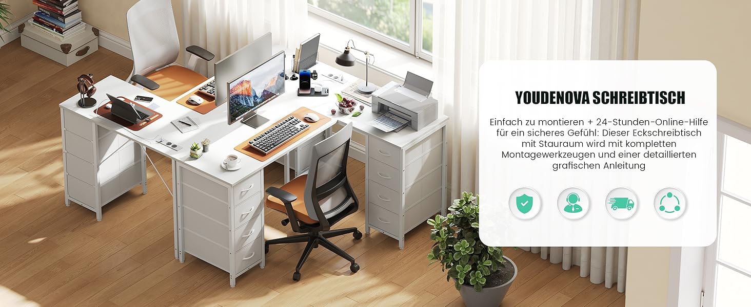 Кутовий стіл Youdenova 150x100 см з шухлядами, розеткою та USB-зарядом, білий. Стіл L-подібний з місцем для зберігання