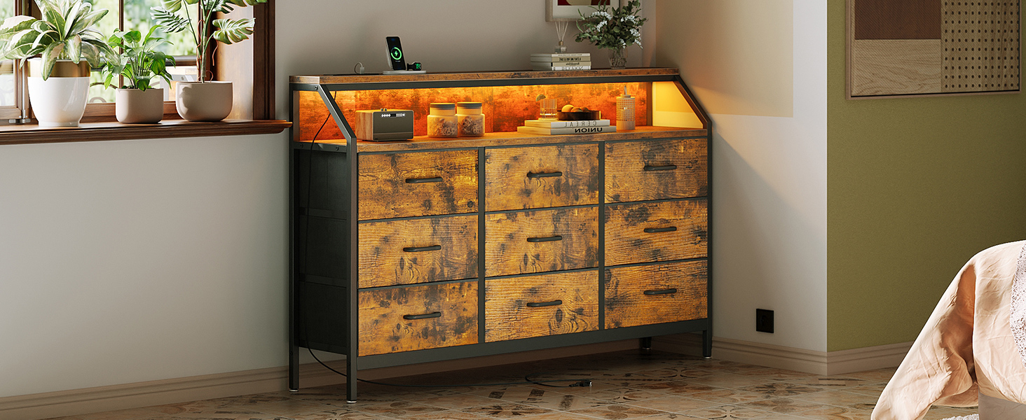 Комод ODK з висувними ящиками, 9 тканинних ящиків, 2 розетки, 2 USB-порти, LED-підсвітка, для спальні/вітальні, вінтажний стиль