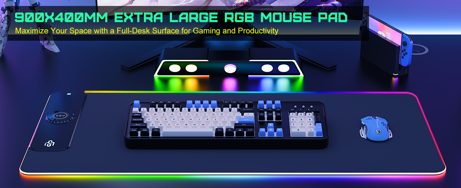 Ігрова килимок для миші RGB з бездротовою зарядкою Qi 15W, LED-підсвічування, 10 режимів, вологостійкий, протиковзкий, для геймінгу, офісу та дому (Чорний)