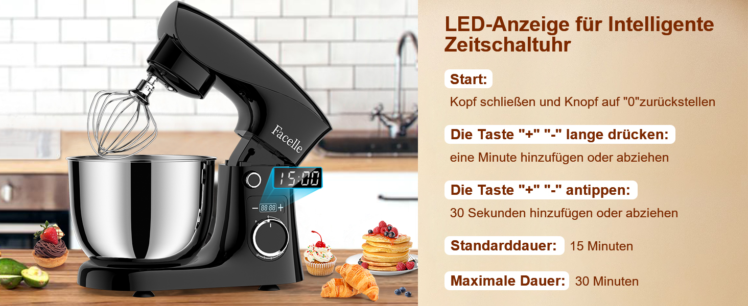 Кухонна машина Facelle 1500W з місткістю 5,5/4,5л: міксер, тістоміс, набір насадок, тиха робота (чорний)